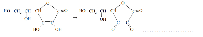 zzz 10 - Kwas askorbinowy ulega przemianie w kwas dehydroaskorbinowy zgodnie z poniższym schematem. Odszczepienie jednego protonu od cząsteczki witaminy C prowadzi do powstania anionu askorbinianowego (reakcja 1.). W wyniku oddania przez anion askorbinianowy elektronu i drugiego protonu powstaje rodnik askorbylowy (reakcja 2.). Wskutek utraty elektronu przez rodnik askorbylowy tworzy się kwas dehydroaskorbinowy (reakcja 3.).