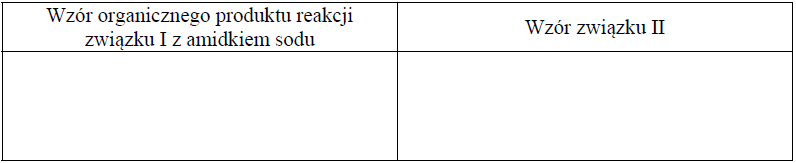 Image 164 - <p>Alkiny o wzorze ogólnym R−C≡CH (tzw. alkiny terminalne) reagują z amidkiem sodu (NaNH2), w wyniku czego tworzą acetylenki sodu (R−C≡CNa) zgodnie z równaniem:
R−C≡CH + NaNH2 → R−C≡C−Na+ + NH3</p>
<p>Jeden z izomerycznych alkinów o wzorze sumarycznym C4H6, który umownie nazwano związkiem I, reaguje z amidkiem sodu. Drugi z izomerycznych alkinów, który umownie nazwano związkiem II, takiej reakcji nie ulega.
Uzupełnij poniższą tabelę. Napisz wzór półstrukturalny (grupowy) substancji, która jest organicznym produktem reakcji związku I z amidkiem sodu, oraz wzór półstrukturalny (grupowy) związku II.</p>