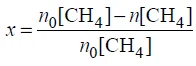 Image 166 - W tym wzorze n0 oznacza początkową liczbę moli metanu, a n – liczbę moli tego gazu pozostałego po ustaleniu się stanu równowagi. Poniżej przedstawiono zależność równowagowego stopnia przemiany metanu x od temperatury dla trzech wartości ciśnienia.