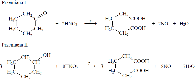 Image 179 - Kwas adypinowy jest ważnym surowcem w produkcji tworzyw sztucznych. Na skalę techniczną otrzymuje się go przez utlenianie mieszaniny cykloheksanonu oraz cykloheksanolu. Poniżej przedstawiono równania tych przemian.