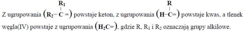 Image 35 1 - Do określania położenia podwójnego wiązania w cząsteczkach alkenów wykorzystuje się ich utlenianie, np. za pomocą roztworu KMnO4 w środowisku kwasowym i w podwyższonej temperaturze. W tych warunkach dochodzi do rozerwania wiązania podwójnego węgiel – węgiel. W zależności od budowy cząsteczki alkenu mogą powstać kwasy karboksylowe, ketony lub tlenek węgla(IV).