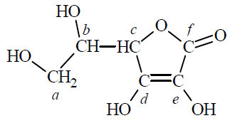 Image 53 1 - W cząsteczce kwasu askorbinowego (witaminy C) występują dwa enolowe atomy węgla, czyli atomy węgla o hybrydyzacji sp2 z przyłączonymi grupami hydroksylowymi. Cząsteczka tego związku zawiera ponadto dwa asymetryczne atomy węgla – o hybrydyzacji sp3 z przyłączonymi czterema różnymi podstawnikami. Poniżej przedstawiono wzór witaminy C, w którym małymi literami oznaczono poszczególne atomy węgla.