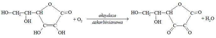 Image 59 1 - Kwas askorbinowy ulega przemianie w kwas dehydroaskorbinowy zgodnie z poniższym schematem. Odszczepienie jednego protonu od cząsteczki witaminy C prowadzi do powstania anionu askorbinianowego (reakcja 1.). W wyniku oddania przez anion askorbinianowy elektronu i drugiego protonu powstaje rodnik askorbylowy (reakcja 2.). Wskutek utraty elektronu przez rodnik askorbylowy tworzy się kwas dehydroaskorbinowy (reakcja 3.).