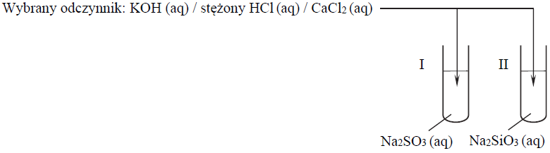 Image 6 - Przeprowadzono doświadczenie, w którym badano działanie pewnego odczynnika na dwa wodne roztwory soli. W probówce I znajdował się roztwór siarczanu(IV) sodu, a w probówce II – roztwór krzemianu(IV) sodu. Po dodaniu odczynnika zaobserwowano, że: