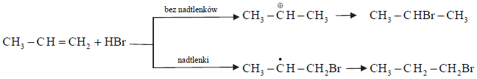 Image 91 - Na przebieg reakcji propenu z bromowodorem ma wpływ obecność nadtlenków w mieszaninie reakcyjnej, co zilustrowano na poniższym schemacie.