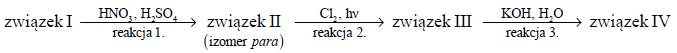 Image 99 - Poniżej przedstawiono ciąg przemian chemicznych, w wyniku których ze związku I otrzymano związek IV. Związek I to homolog benzenu. Jego cząsteczka zbudowana jest z siedmiu atomów węgla.