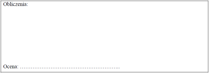 Image 103 - <p>Wodny roztwór KNO3 o stężeniu 2,0 mol · dm−3 i gęstości 1,12 g · cm−3 pozostawiono w otwartym naczyniu w temperaturze 80 ºC. Rozpuszczalność KNO3 w temperaturze 80 ºC wynosi około 170 g w 100 g wody.
Na podstawie odpowiednich obliczeń oceń, czy zmniejszenie objętości roztworu z 200 cm3 do 190 cm3 wywołane parowaniem rozpuszczalnika poskutkuje pojawieniem się osadu w naczyniu. Uzasadnij swoją ocenę.</p>
<p>Uzasadnienie:
………………………………………………………………………………………………………………………………………………………………………………………………….………………………………………………………………………………………………….......................</p>