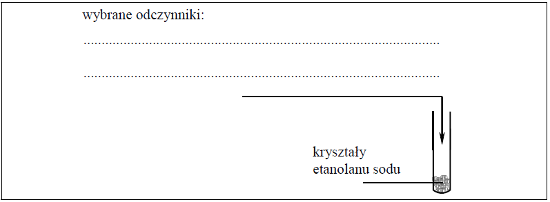 Image 39 4 - <p>Etanol w reakcji z sodem wykazuje właściwości kwasowe. W wyniku tej reakcji powstaje etanolan sodu o wzorze C2H5O–Na+ , który jest związkiem o charakterze soli.
Mając do dyspozycji etanolan sodu, zaplanuj doświadczenie, w którym, wykonując jedną próbę, wykażesz, że etanol ma bardzo słabe właściwości kwasowe.
a) Uzupełnij poniższy schemat doświadczenia, wpisując nazwy potrzebnych odczynników wybranych spośród następujących:</p> etanol
woda destylowana
wodny roztwór wodorotlenku sodu
wodny roztwór oranżu metylowego
etanolowy roztwór fenoloftaleiny <p>b) Opisz możliwe do zaobserwowania w czasie doświadczenia zmiany potwierdzające fakt, że właściwości kwasowe etanolu są bardzo słabe.
................................................................................................................................................................................................................</p>