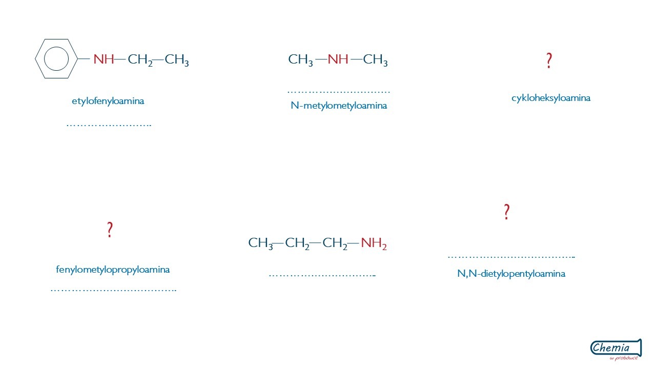 1. RZĘDOWOŚĆ AMIN I ICH NAZWY 1 - Uzupełnij wykropkowane miejsca wpisując nazwę związku, w miejsca oznaczone znakiem zapytania wpisz wzór półstrukturalny związku. Następnie podziel podane aminy na pierwszo-, drugo- i trzeciorzędowe. Zaznacz aminy aromatyczne.