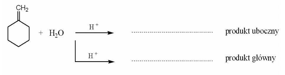 Screenshot 2022 09 10 at 12.15.53 - W celu ustalenia produktów reakcji związków typu HX (HCl, HI, HBr, H2O, HCN...) z niesymetrycznymi alkenami stosuje się regułę Markownikowa. Wpisz w miejsce kropek, stosując wzory półstrukturalne (grupowe), wzór produktu ubocznego i produktu głównego poniższej reakcji: