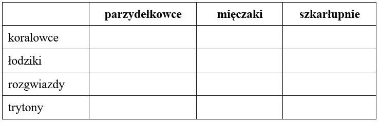 Zadanie 22.1, arkusz kwiecień 2020 - Matura w probówce - Kursy maturalne online image 165 - Rafy koralowe powstają z zewnętrznych szkieletów wapiennych wytwarzanych przez polipy koralowców. Koralowce pozyskują tlen i związki organiczne od jednokomórkowych, fotosyntetyzujących glonów żyjących w ich komórkach. Przestrzeń między szkieletami koralowców zasiedlają różne organizmy morskie, np. gąbki, ostrygi, skorupiaki, rozgwiazdy, ślimaki morskie, różne gatunki ryb, a także łodziki – należące do głowonogów. Zagrożeniem dla rafy koralowej mogą być sami jej mieszkańcy. Niektóre rozgwiazdy kruszą muszle ślimaków i małży, a gatunek rozgwiazdy zwany koroną cierniową zjada polipy koralowców. Żarłoczna rozgwiazda sama z kolei pada ofiarą trytonów – ślimaków morskich. W wielu krajach, np. Australii i Indonezji, te ślimaki zostały wzięte pod ochronę, jednak wciąż są nielegalnie odławiane ze względu na swoje piękne, ozdobne muszle.Na podstawie: N.A. Campbell i inni, Biologia, Poznań 2012; R. Dunbar, Przyroda świata – Wielka Rafa Koralowa, Bielsko Biała 1994.