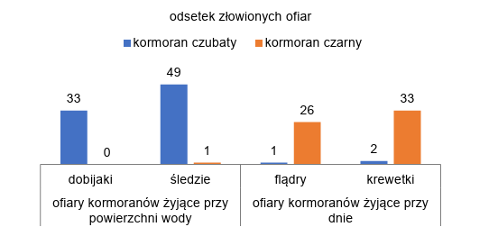 Zadanie 20, arkusz grudzień 2024 - Matura w probówce - Kursy maturalne online image 70 - W Wielkiej Brytanii wzdłuż wybrzeży morskich występują dwa gatunki kormoranów: kormoran czarny i kormoran czubaty. Żywią się one organizmami morskimi występującymi w wodach, nad którymi się gnieżdżą. Budują gniazda na skałach i na półkach klifu. Kormoran czubaty buduje gniazda głównie z wodorostów, a kormoran czarny – z patyków i traw morskich. Na poniższych wykresach przedstawiono zróżnicowanie diety tych gatunków.